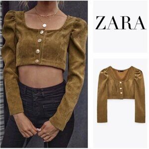 Zara Corduroy Tan Puff Long Sleeve Crop Top Size S NEW WITH TAG!